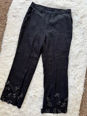 Vtg Catherine Stewart black 100% linen rosette Lagenlook pant size 8